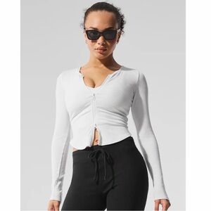 ALO Yoga White Ribbed Stardust Long Sleeve Top